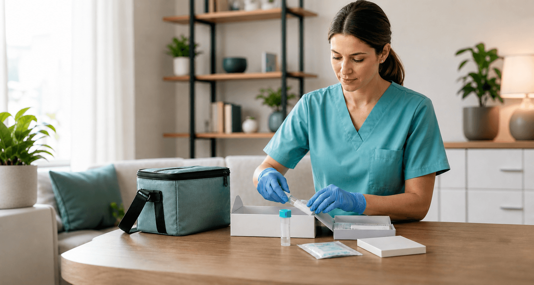 Infirmière Mobile Mediq préparant une visite de dépistage ITSS à domicile